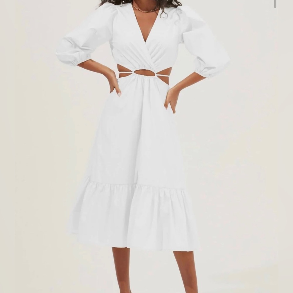 Rosewood Surplice Cutout Waist Midi Dress In White - Size S
